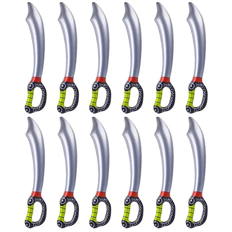 Piraten Schwert Kinder Set mit 12 aufblasbaren Säbeln, silberne Klinge mit gruen-schwarzem Griff, PVC