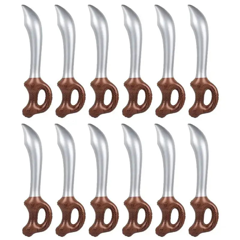 12 aufblasbare Piratensäbel Mitgebsel-Set, silberne Klinge mit braunem Totenkopfgriff, PVC
