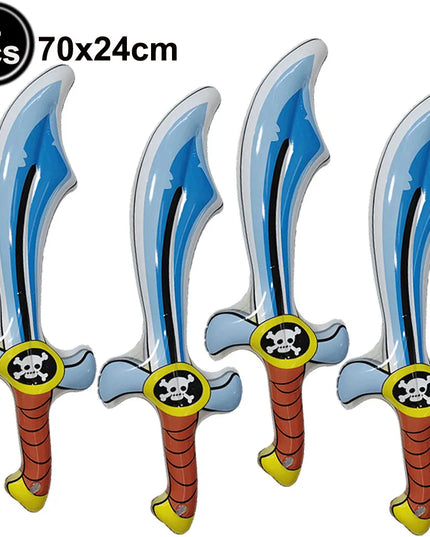 Piratensäbel aufblasbar Party-Set mit 4 blauen Schwertern, Totenkopf-Emblem, PVC 70x24cm