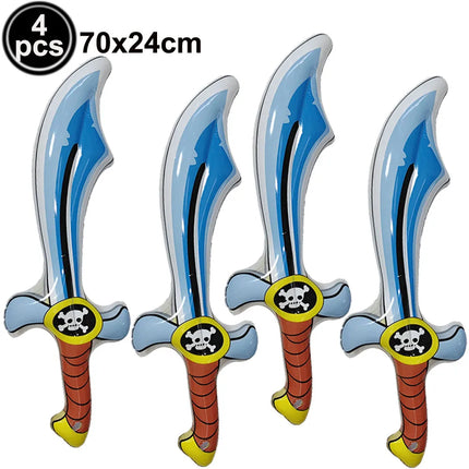 Piratensäbel aufblasbar Party-Set mit 4 blauen Schwertern, Totenkopf-Emblem, PVC 70x24cm