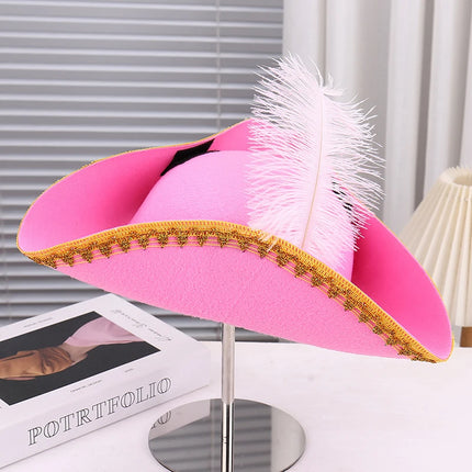 Piratenhut fuer Damen pink mit Feder und goldener Borte