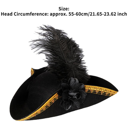 Piratenhut Damen Schwarz mit Feder Blume und Goldborte