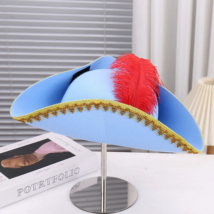 Piratenhut Blau Dreispitz mit roter Feder und Goldborte