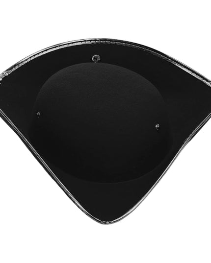 Schwarzer Piratenhut Dreispitz mit silberner Metallic-Borte
