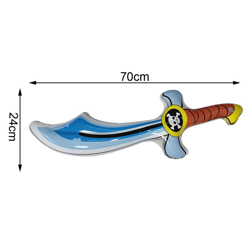 Aufblasbares Piratenschwert Halloween 70x24cm, blaue Klinge mit Totenkopf-Scheibe und orangem Griff, PVC