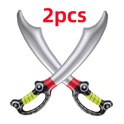2 aufblasbare silberne Piratensäbel gekreuzt, schwarz-gruner Ornamentgriff, PVC - gekreuzte Säbel Pose