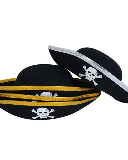 Schwarzer Kinder Piratenhut mit Totenkopf und Silberborte Detail
