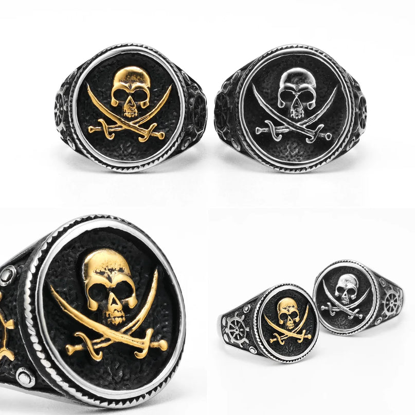 Goldener Jolly Roger Ring aus Stahl
