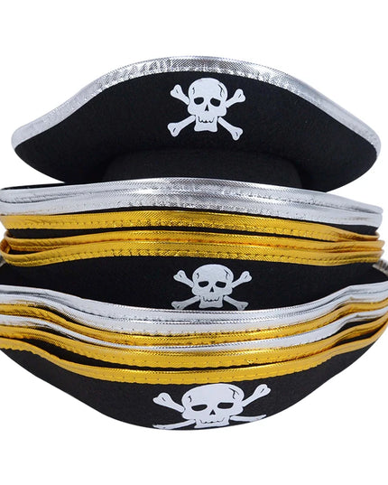 Schwarzer Piratenhut Totenkopf Seitenansicht goldener Rand