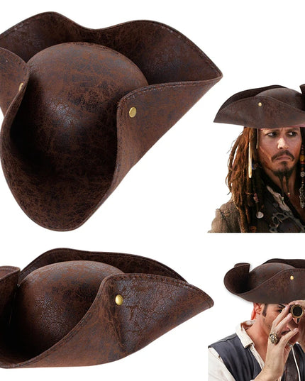 Brauner Piratenhut Kunstleder Seitenansicht Druckknoepfe