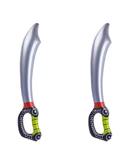 2 silberne aufblasbare Piraten Säbel je 68cm, schwarzer Ornament-Griff mit gruenem Ring und rotem Akzent, PVC