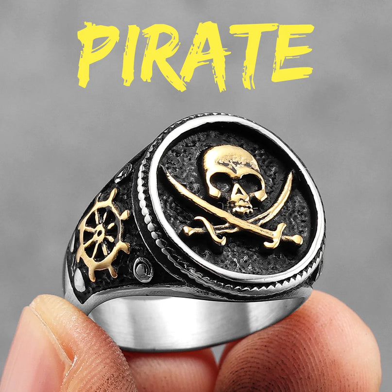 Goldener Jolly Roger Ring aus Stahl