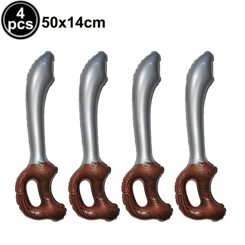 Piratenschwert Set 4 Stuck aufblasbar je 50x14cm, silberne Klinge mit braunem Totenkopfgriff, PVC