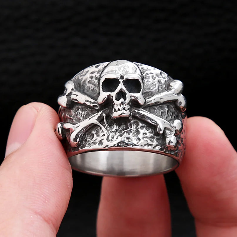 Punk Totenkopf-Ring mit Kreuzknochen