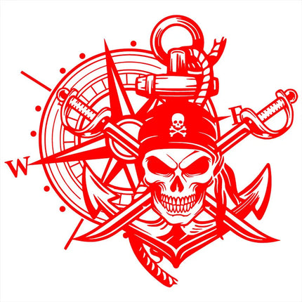 Totenkopf Aufkleber Pirat rot 50x46cm Kompass Sabel Anker