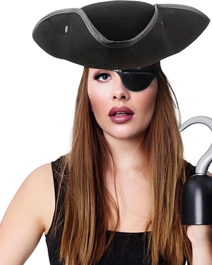 Schwarzer Kunstleder Piratenhut Vintage Rueckansicht