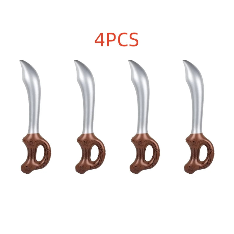 Piraten Säbel 4er Set aufblasbar, silberne Klinge mit braunem Totenkopf-Griff, PVC