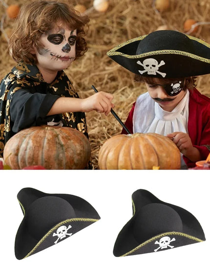 Piratenhut Kostuem schwarz Dreispitz mit Totenkopf und Goldborte