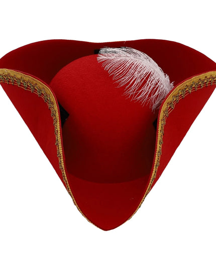 Piratenhut Frau rot Metallic-Borte Dreispitz mit Feder