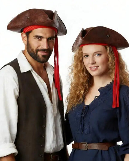 Piratenhut Damen braun Lederoptik mit rotem Bandana Dreispitz