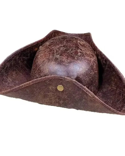 Piratenhut Dreispitz braun Kunstleder Vintage mit Messingknopf
