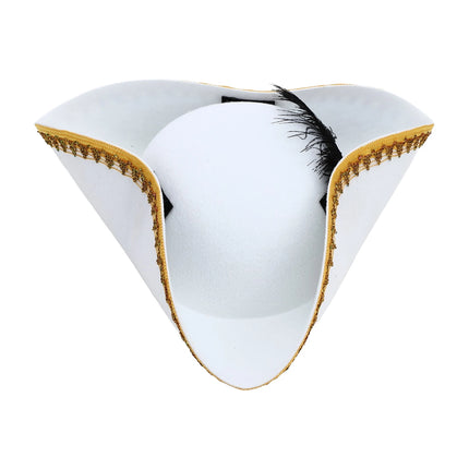 Piratenhut Dreispitz weiss mit goldener Zierborte und Feder