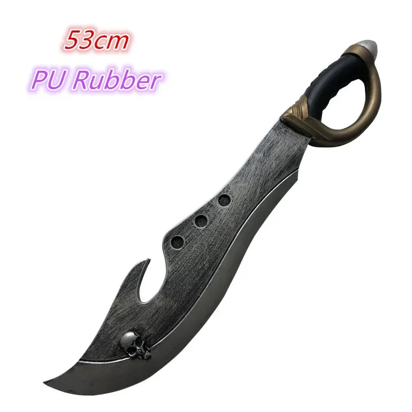 Piraten Entermesser Cosplay aus PU-Gummi 53cm, dunkle verwitterte Klinge mit Totenkopf und Bronzering-Griff