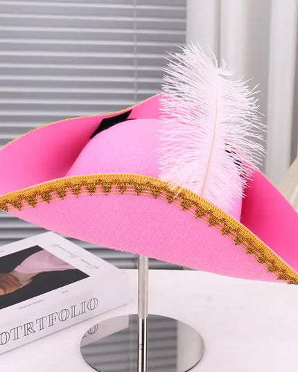 Piratenhut Frauen pink Dreispitz mit weisser Feder und Goldborte