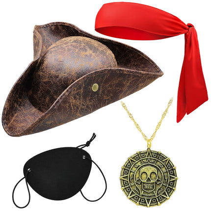 Piratenhut Set Erwachsene braun mit Augenklappe Bandana Medallion