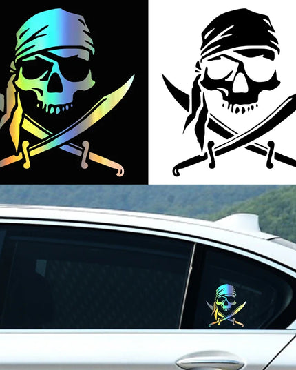 Piraten Totenkopf Aufkleber auf dunkler Flache Anwendung