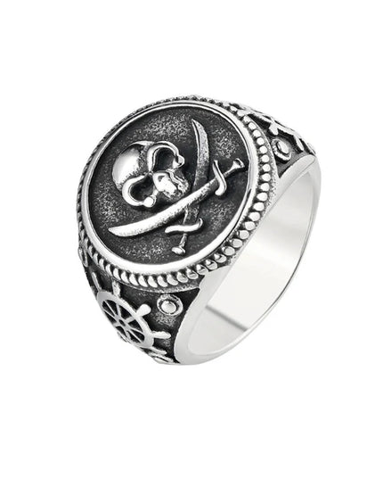Silberner Totenkopf-Ring mit Piratensabeln