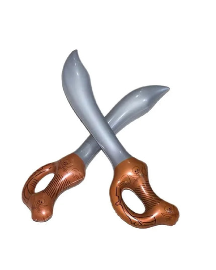 2 aufblasbare Piraten Säbel Vintage mit silberner Klinge und braunem Totenkopf-Griff im Leder-Look, PVC