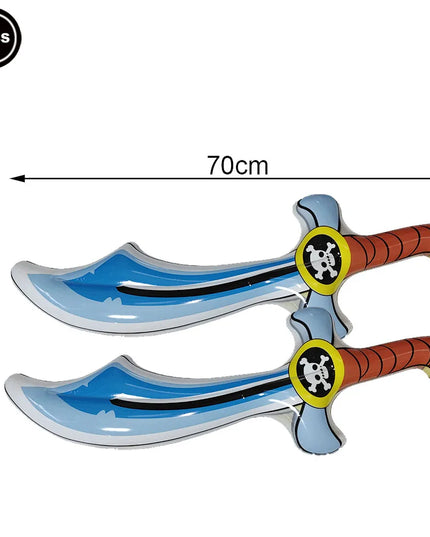 2 blaue aufblasbare Piratensäbel Fasching je 70x24cm, Totenkopf-Parierscheibe, orangebrauner Griff, PVC