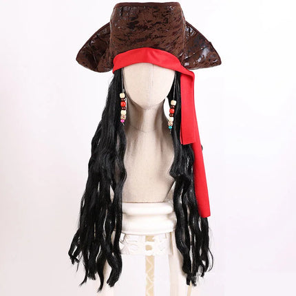 Piratenhut mit Peruecke braun Dreispitz schwarze Zoepfe Perlen