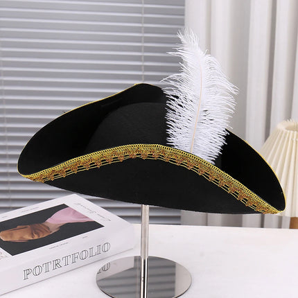 Piratenhut mit Federn schwarz gold Dreispitz weisse Feder