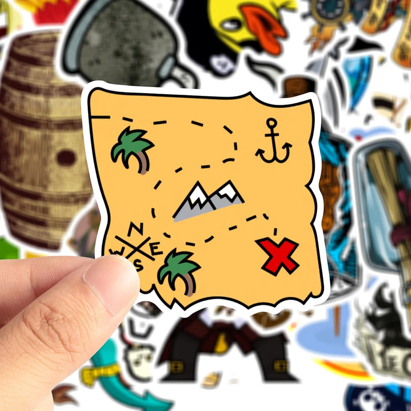 Bunte Piraten Aufkleber Anwendungsbeispiel auf Notizbuch